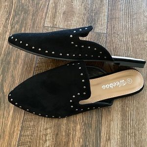 Black suede stud mules